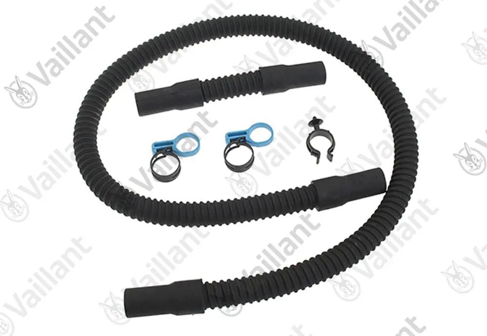 Schlauchset von Vaillant mit gewellten Gummischläuchen und Befestigungsringen für eine Verbindung in Heizungsanlagen.